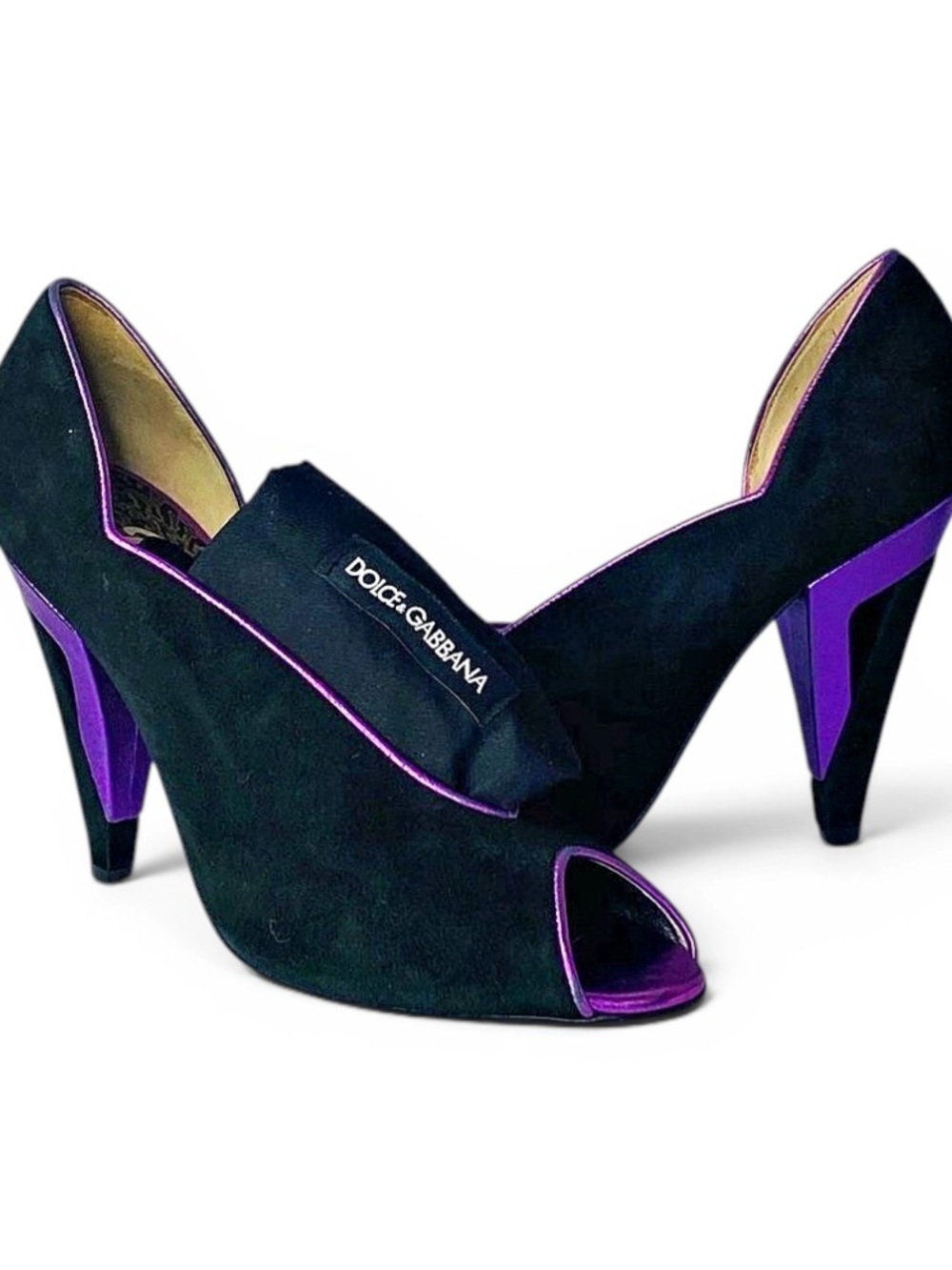 🛍️ Dolce & Gabbana Black Suede Peep-Toe Pumps with Purple Metallic Leather Trim